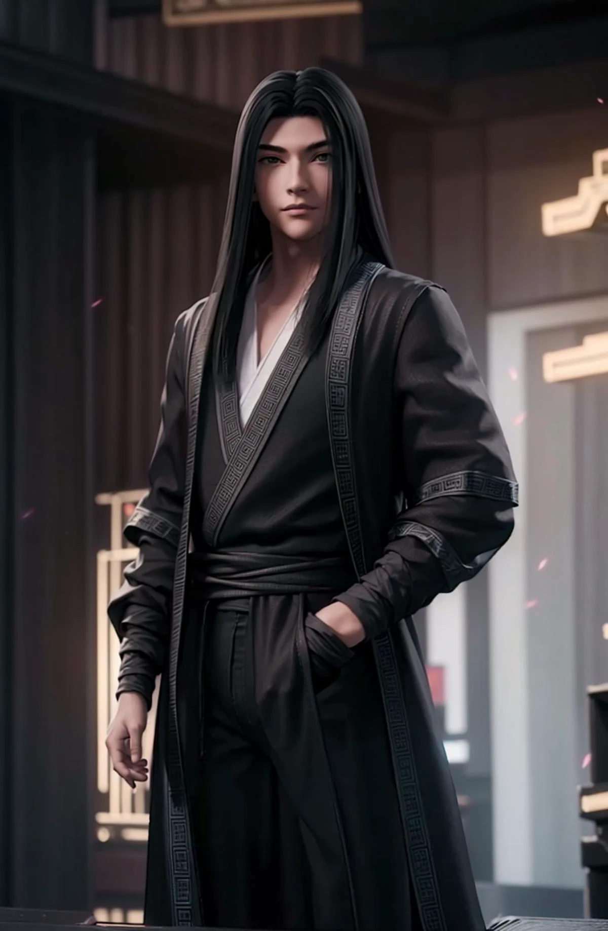 (Night:1.7), Cyberpunk, neon lights, cityscape, Beside Windows,
standing at attention,
Black outfit,black jacket,
<lora:Sima_Yi_Ravages-KK77-V1:0.7>,realistic,
long hair,black hair,forehead,
<lora:Mariana_Luciano_NON_VIRGIN-KK77-V1:0.3>,<lora:more_details:0.1>,
1 man, 20yo,male,Beautiful Finger,Beautiful long legs,Beautiful body,Beautiful Nose,Beautiful character design, perfect eyes, perfect face,expressive eyes,perfect balance,
looking at viewer,
official art,extremely detailed CG unity 8k wallpaper, perfect lighting,Colorful, Bright_Front_face_Lighting,shiny skin,
(masterpiece:1.0),(best_quality:1.0), ultra high res,4K,ultra-detailed,
photography, 8K, HDR, highres, absurdres:1.2, Kodak portra 400, film grain, blurry background, bokeh:1.2, lens flare, (vibrant_color:1.2),professional photograph,