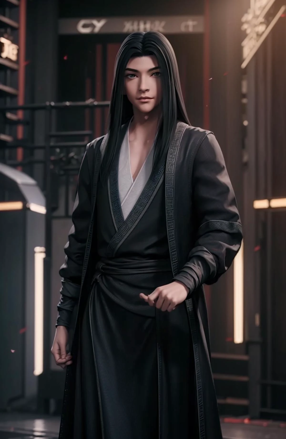 (Night:1.7), Cyberpunk, neon lights, Cityview,
standing at attention, on the street, outdoors,
Black outfit,black jacket,
<lora:Sima_Yi_Ravages-KK77-V1:0.7>,realistic,
long hair,black hair,forehead,
<lora:Mariana_Luciano_NON_VIRGIN-KK77-V1:0.3>,<lora:more_details:0.1>,
1 man, 20yo,male,Beautiful Finger,Beautiful long legs,Beautiful body,Beautiful Nose,Beautiful character design, perfect eyes, perfect face,expressive eyes,perfect balance,
looking at viewer,
official art,extremely detailed CG unity 8k wallpaper, perfect lighting,Colorful, Bright_Front_face_Lighting,shiny skin,
(masterpiece:1.0),(best_quality:1.0), ultra high res,4K,ultra-detailed,
photography, 8K, HDR, highres, absurdres:1.2, Kodak portra 400, film grain, blurry background, bokeh:1.2, lens flare, (vibrant_color:1.2),professional photograph,