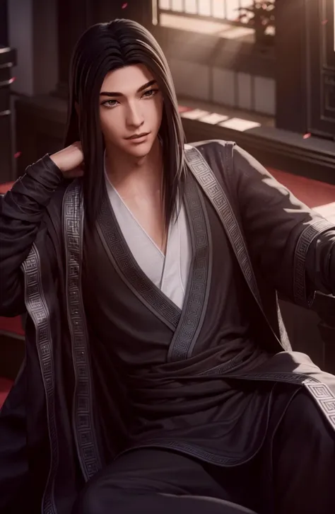in a room,
sitting at attention, on a chair,
Black outfit,black jacket,
<lora:Sima_Yi_Ravages-KK77-V1:0.7>,realistic,
long hair,black hair,forehead,
<lora:Mariana_Luciano_NON_VIRGIN-KK77-V1:0.3>,<lora:more_details:0.1>,
1 man, 20yo,male,Beautiful Finger,Beautiful long legs,Beautiful body,Beautiful Nose,Beautiful character design, perfect eyes, perfect face,expressive eyes,perfect balance,
looking at viewer,
official art,extremely detailed CG unity 8k wallpaper, perfect lighting,Colorful, Bright_Front_face_Lighting,shiny skin,
(masterpiece:1.0),(best_quality:1.0), ultra high res,4K,ultra-detailed,
photography, 8K, HDR, highres, absurdres:1.2, Kodak portra 400, film grain, blurry background, bokeh:1.2, lens flare, (vibrant_color:1.2),professional photograph,