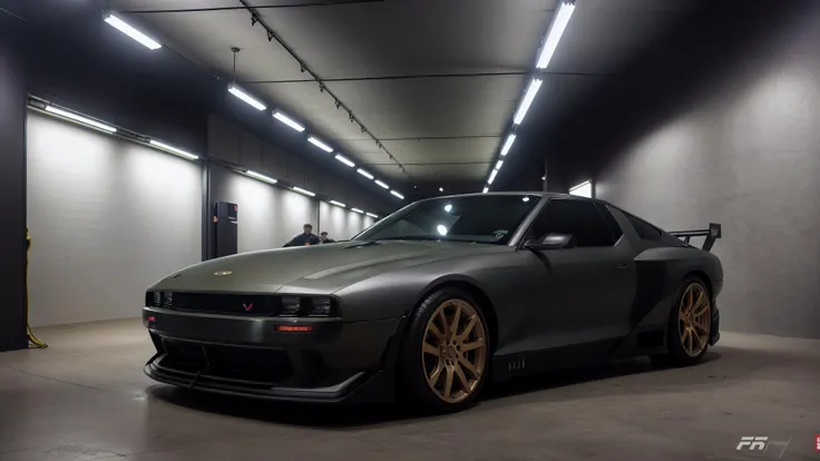 a pale (green khaki:1.2) military nvs74 sports car with golden bbs rims with military modifications and weapons installed on it parked in a dark garage with (absolutely black walls:1.5), test equipment all over garage walls, tanks with fuel on background, very dark environment, dimmed lights, red lights, wide angle photo, perspective distortion, night <lyco:N Vision 74-000008:0.6>