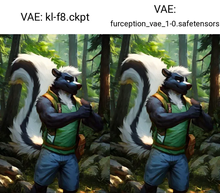 (best quality, high quality,:1.5) by strange-fox, solo, anthro, male, skunk, clothed, vest, hiking, standing, outside, detailed background, forest, tail, (signature, text,:-1.0) <lora:fluffyrock-quality-tags-v3.0-vpred:1>