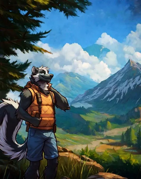 (best quality, high quality,:1.5) (by strange-fox,:1.0) (by sorakirbys,:1.2) digital drawing \(artwork\),  solo, anthro, male, skunk, clothed, vest, hiking, standing, outside, detailed background, forest, tail, (signature, text,:-1.2) sunbeam, scenic view, mountain <lora:fluffyrock-quality-tags-v3.0-vpred:1>