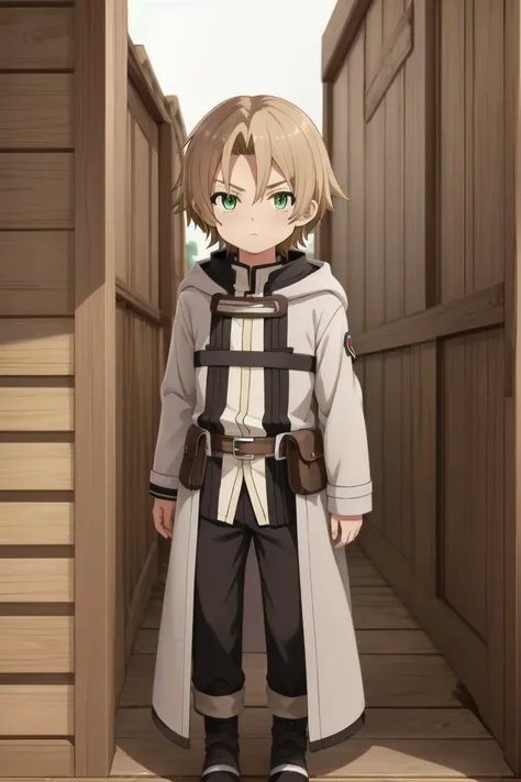 <lora:rudeus-hc-arc-sd-v10:0.5>
a boy, (rudeus greyrat), standing alone outside in a wooden village, outside, mole under his left eye,
he has detailed green eyes and brown hair, short hair, blonde brown hair, coat,
he has a mole under his left eye
draw it in the art style of mushoku tensei