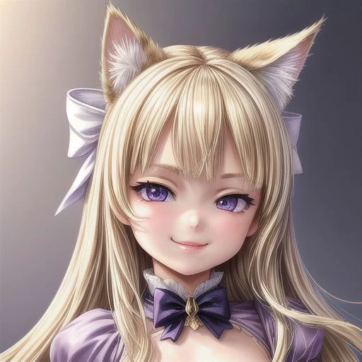 (Photorealistic), (highly detailed), (1girl), 18yo+, young adult++, petite++, long (blonde hair)+, detailed (almond shaped eyes), detailed (blonde cat ears)++, (smug smile)+, detailed (facial features)+, (bow-shaped lips), (snub nose)+, (small round chin)+, (feint makeup)+, (round chin), detailed (white skin), (female fantasy attire)+, (accurate body proportions)++, purple+, volumetric lighting, volumetric shadows, basic background, unposed, candid photography