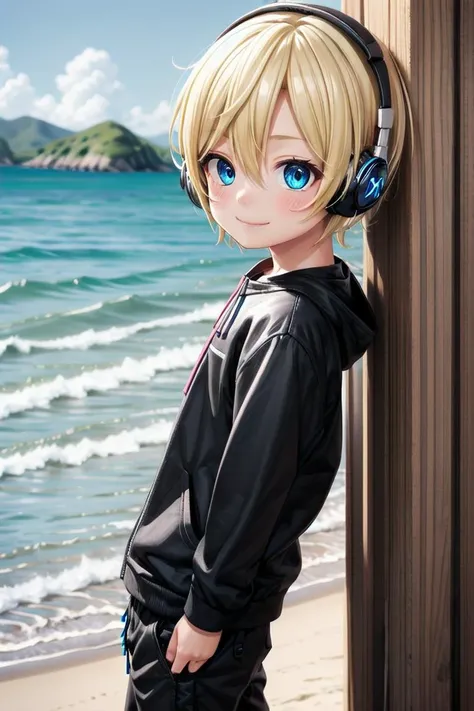 (1boy:1.4), looking at viewer, hair between eyes, highlight in eyes, male focus,
crew cut, (blonde hair), blue eyes, ((masterpiece)), (blue headphones:1.4),long pants,
multiple details, sky, beach, handsome, medium close up, (t shirt:1,4), (outside:1.4)
beautiful eyes, delicate features, high light in eyes, smile, triangle chin,
ite, young, juvenile, detailed beautiful lity, adorable boy, sparkling eyes,
ultra detailed eyes, ultra detailed face, (side profile:1.2)
<lora:aoki_xl_v10:0.5> aoki