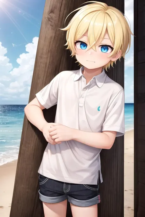 (1boy:1.4), (very short hair), crew cut, (solo:1.4), sfw, (bulge:0.4), male character, ((masterpiece)),
multicolored background, hair between eyes, highlight in eyes, (blonde hair:1.4), full shot,
(polo shirt :1.4), short pants, colorful eyes,  male character
multiple details, sky, sea, beach , outside, short hair, handsome,  beautiful eyes (vocaloid), delicate features, high light in eyes, (narrow chin:1.5), triangle chin, (introvert:1.6)
petite, young, juvenile, short hair, male face, detailed beautiful  boy, adorable boy, sparkling eyes,
faint sneer, energetic eyes