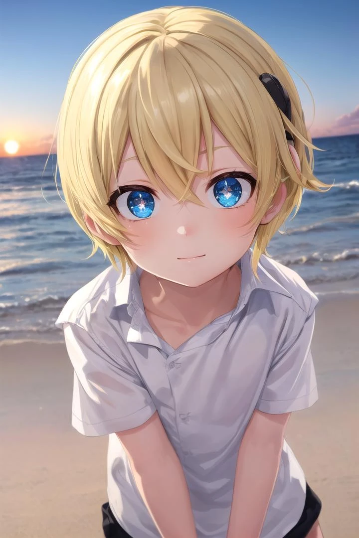 (1boy:1.4),
multicolored background, looking at viewer, hair between eyes, highlight in eyes, (very short hair),
crew cut, (blonde hair:2), (fully clothed :1.4), colorful eyes, ((masterpiece,4:1)),
multiple details, sky, sea, beach, whole body, short hair, handsome, (bulge:0.4),
beautiful eyes (vocaloid), delicate features, high light in eyes, (narrow chin:1.5), triangle chin, (introvert:1.6)
petite, young, juvenile, short hair, detailed beautiful little boy, adorable boy, sparkling eyes, (sunset beach), muscular:0.6