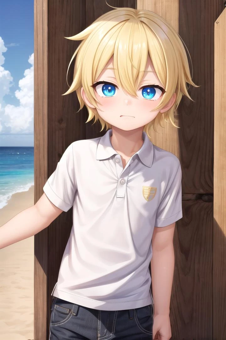 (1boy:1.4), (very short hair), crew cut, (solo:1.4), sfw, (bulge:0.4), male character, ((masterpiece)),
multicolored background, hair between eyes, highlight in eyes, (blonde hair:1.4), full shot,
(polo shirt :1.4), short pants, colorful eyes, male character
multiple details, sky, sea, beach , outside, short hair, handsome, beautiful eyes (vocaloid), delicate features, high light in eyes, (narrow chin:1.5), triangle chin, (introvert:1.6)
petite, young, juvenile, short hair, male face, detailed beautiful little boy, adorable boy, sparkling eyes,
faint sneer, energetic eyes