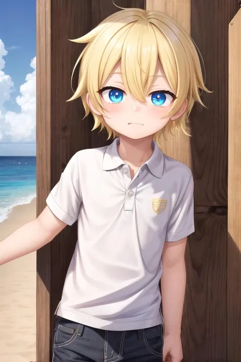 (1boy:1.4), (very short hair), crew cut, (solo:1.4), sfw, (bulge:0.4), male character, ((masterpiece)),
multicolored background, hair between eyes, highlight in eyes, (blonde hair:1.4), full shot,
(polo shirt :1.4), short pants, colorful eyes,  male character
multiple details, sky, sea, beach , outside, short hair, handsome,  beautiful eyes (vocaloid), delicate features, high light in eyes, (narrow chin:1.5), triangle chin, (introvert:1.6)
petite, young, juvenile, short hair, male face, detailed beautiful **********, adorable boy, sparkling eyes,
faint sneer, energetic eyes