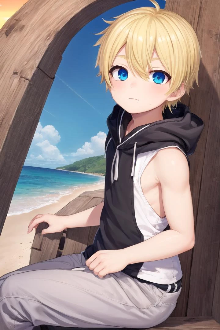 (1boy:1.4),
multicolored background, looking at viewer, hair between eyes, highlight in eyes, (very short hair),
crew cut, (blonde hair:2), (fully clothed :1.4), colorful eyes, ((masterpiece,4:1)), full shot,
multiple details, sky, sea, beach, whole body, short hair, handsome, (bulge:0.4),
beautiful eyes (vocaloid), delicate features, high light in eyes, (narrow chin:1.5), triangle chin, (introvert:1.6)
petite, young, juvenile, short hair, detailed beautiful little boy, adorable boy, sparkling eyes, (sunset beach), muscular:0.6