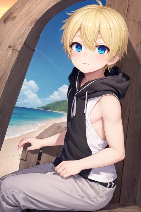 (1boy:1.4),
multicolored background, looking at viewer, hair between eyes, highlight in eyes, (very short hair),
crew cut, (blonde hair:2), (fully clothed :1.4), colorful eyes, ((masterpiece,4:1)),  full shot,
multiple details, sky, sea, beach,  whole body, short hair, handsome, (bulge:0.4), 
beautiful eyes (vocaloid), delicate features, high light in eyes, (narrow chin:1.5), triangle chin,  (introvert:1.6)
petite, young, juvenile, short hair, detailed beautiful  boy, adorable boy, sparkling eyes, (sunset beach), muscular:0.6