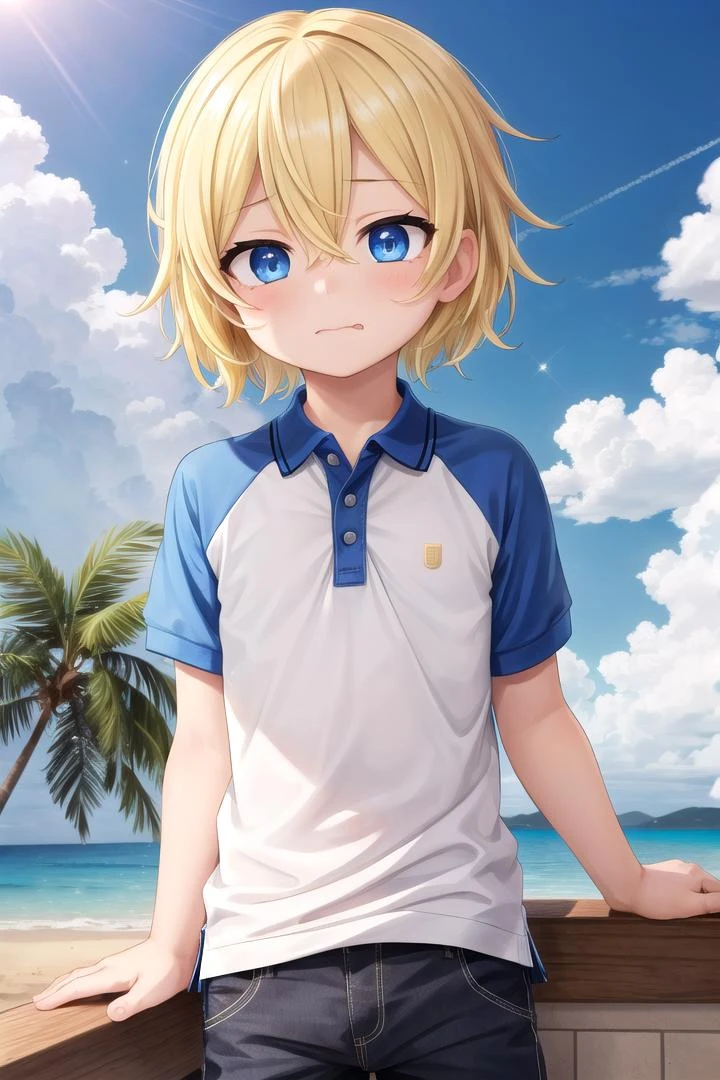 (1boy:1.4), (very short hair), crew cut, (solo:1.4), sfw, (bulge:0.4), male character, ((masterpiece)),
multicolored background, hair between eyes, highlight in eyes, (blonde hair:1.4), full shot,
(polo shirt :1.4), short pants, colorful eyes,  male character
multiple details, sky, sea, beach , outside, short hair, handsome,  beautiful eyes (vocaloid), delicate features, high light in eyes, (narrow chin:1.5), triangle chin, (introvert:1.6)
petite, young, juvenile, short hair, male face, detailed beautiful little boy, adorable boy, sparkling eyes,
faint sneer, energetic eyes