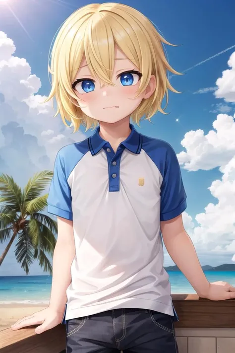 (1boy:1.4), (very short hair), crew cut, (solo:1.4), sfw, (bulge:0.4), male character, ((masterpiece)),
multicolored background, hair between eyes, highlight in eyes, (blonde hair:1.4), full shot,
(polo shirt :1.4), short pants, colorful eyes,  male character
multiple details, sky, sea, beach , outside, short hair, handsome,  beautiful eyes (vocaloid), delicate features, high light in eyes, (narrow chin:1.5), triangle chin, (introvert:1.6)
petite, young, juvenile, short hair, male face, detailed beautiful  boy, adorable boy, sparkling eyes,
faint sneer, energetic eyes