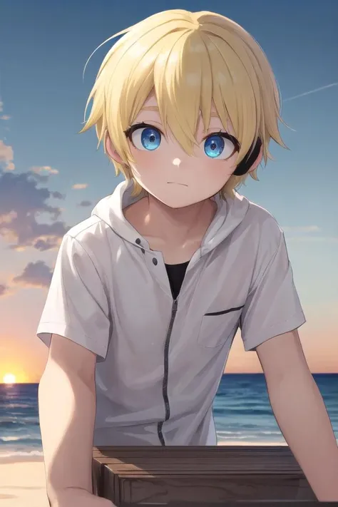 (1boy:1.4),
multicolored background, looking at viewer, hair between eyes, highlight in eyes, (very short hair),
crew cut, (blonde hair:2), (fully clothed :1.4), colorful eyes, ((masterpiece,4:1)),  full shot,
multiple details, sky, sea, beach,  whole body, short hair, handsome, (bulge:0.4), 
beautiful eyes (vocaloid), delicate features, high light in eyes, (narrow chin:1.5), triangle chin,  (introvert:1.6)
petite, young, juvenile, short hair, detailed beautiful  boy, adorable boy, sparkling eyes, (sunset beach), muscular:0.6