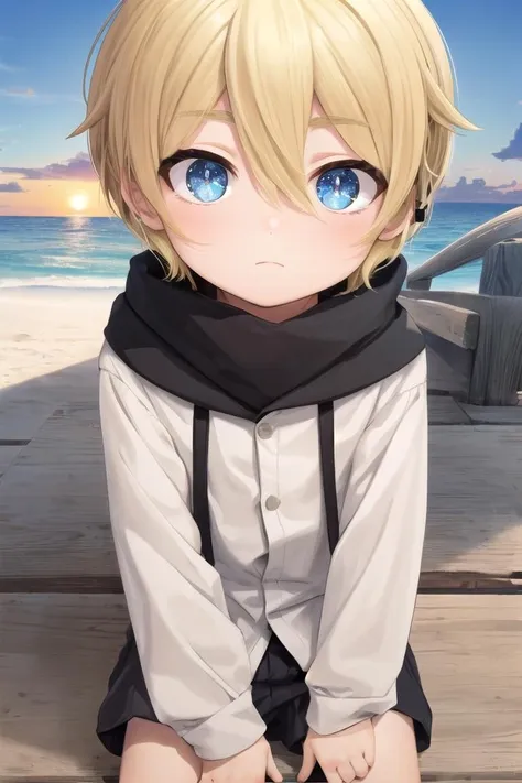 (1boy:1.4),
multicolored background, looking at viewer, hair between eyes, highlight in eyes, (very short hair),
crew cut, (blonde hair:2), (fully clothed :1.4), colorful eyes, ((masterpiece,4:1)),  full shot,
multiple details, sky, sea, beach,  whole body, short hair, handsome, (bulge:0.4), 
beautiful eyes (vocaloid), delicate features, high light in eyes, (narrow chin:1.5), triangle chin,  (introvert:1.6)
petite, young, juvenile, short hair, detailed beautiful  boy, adorable boy, sparkling eyes, (sunset beach), muscular:0.6