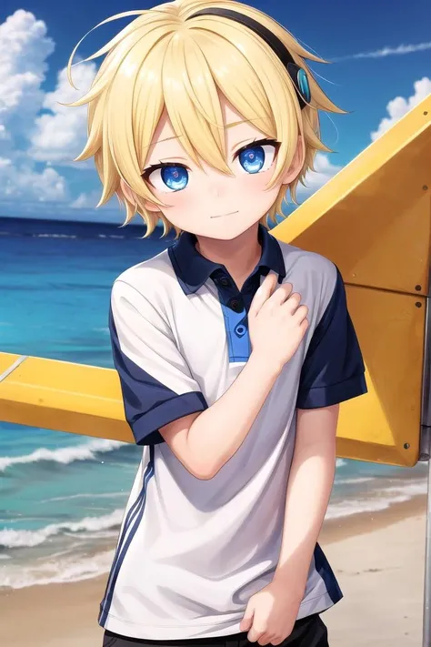 (1boy:1.4), (very short hair), crew cut, (solo:1.4), sfw, (bulge:0.4), male character, ((masterpiece)),
multicolored background, hair between eyes, highlight in eyes, (blonde hair:1.4), full shot
(polo shirt :1.4), short pants, colorful eyes,  male character
multiple details, sky, sea, beach , outside, short hair, handsome,  beautiful eyes (vocaloid), delicate features, high light in eyes, (narrow chin:1.5), triangle chin, (introvert:1.6)
petite, young, juvenile, short hair, male face, detailed beautiful  boy, adorable boy, sparkling eyes,
faint smile, energetic eyes