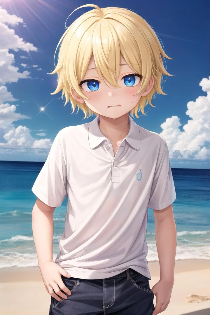 (1boy:1.4), (very short hair), crew cut, (solo:1.4), sfw, (bulge:0.4), male character, ((masterpiece)),
multicolored background, hair between eyes, highlight in eyes, (blonde hair:1.4), full shot,
(polo shirt :1.4), short pants, colorful eyes, male character
multiple details, sky, sea, beach , outside, short hair, handsome, beautiful eyes (vocaloid), delicate features, high light in eyes, (narrow chin:1.5), triangle chin, (introvert:1.6)
petite, young, juvenile, short hair, male face, detailed beautiful little boy, adorable boy, sparkling eyes,
faint sneer, energetic eyes
