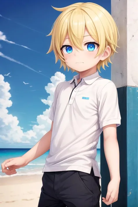 (1boy:1.4), (very short hair), crew cut, (solo:1.4), sfw, (bulge:0.4), male character, ((masterpiece)),
multicolored background, hair between eyes, highlight in eyes, (blonde hair:1.4), full shot,
(polo shirt :1.4), short pants, colorful eyes,  male character
multiple details, sky, sea, beach , outside, short hair, handsome,  beautiful eyes (vocaloid), delicate features, high light in eyes, (narrow chin:1.5), triangle chin, (introvert:1.6)
petite, young, juvenile, short hair, male face, detailed beautiful  boy, adorable boy, sparkling eyes,
faint sneer, energetic eyes