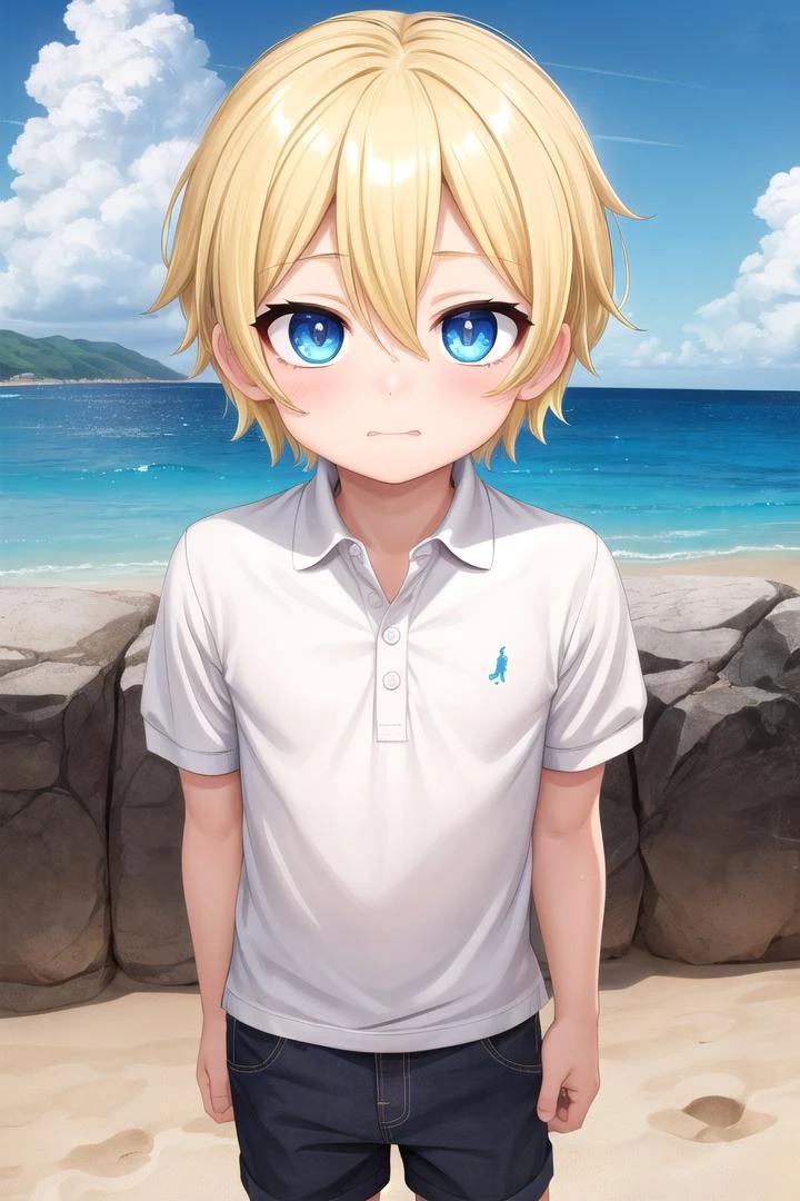 (1boy:1.4), (very short hair), crew cut, (solo:1.4), sfw, (bulge:0.4), male character, ((masterpiece)),
multicolored background, hair between eyes, highlight in eyes, (blonde hair:1.4), full shot,
(polo shirt :1.4), short pants, colorful eyes,  male character
multiple details, sky, sea, beach , outside, short hair, handsome,  beautiful eyes (vocaloid), delicate features, high light in eyes, (narrow chin:1.5), triangle chin, (introvert:1.6)
petite, young, juvenile, short hair, male face, detailed beautiful little boy, adorable boy, sparkling eyes,
faint sneer, energetic eyes