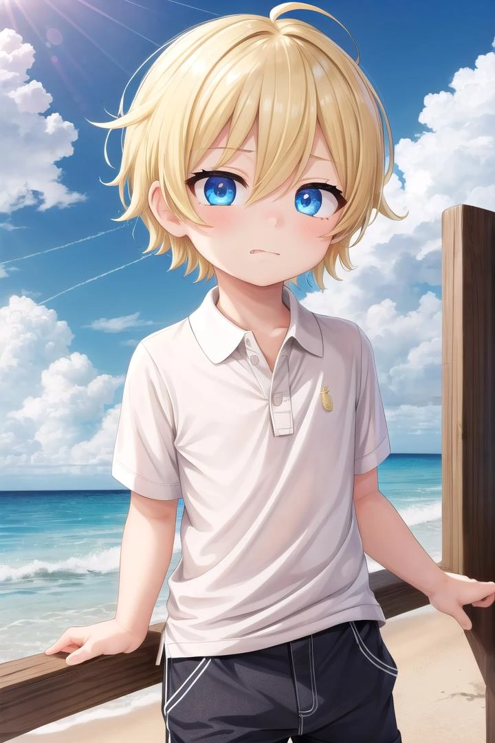 (1boy:1.4), (very short hair), crew cut, (solo:1.4), sfw, (bulge:0.4), male character, ((masterpiece)),
multicolored background, hair between eyes, highlight in eyes, (blonde hair:1.4), full shot,
(polo shirt :1.4), short pants, colorful eyes,  male character
multiple details, sky, sea, beach , outside, short hair, handsome,  beautiful eyes (vocaloid), delicate features, high light in eyes, (narrow chin:1.5), triangle chin, (introvert:1.6)
petite, young, juvenile, short hair, male face, detailed beautiful little boy, adorable boy, sparkling eyes,
faint sneer, energetic eyes