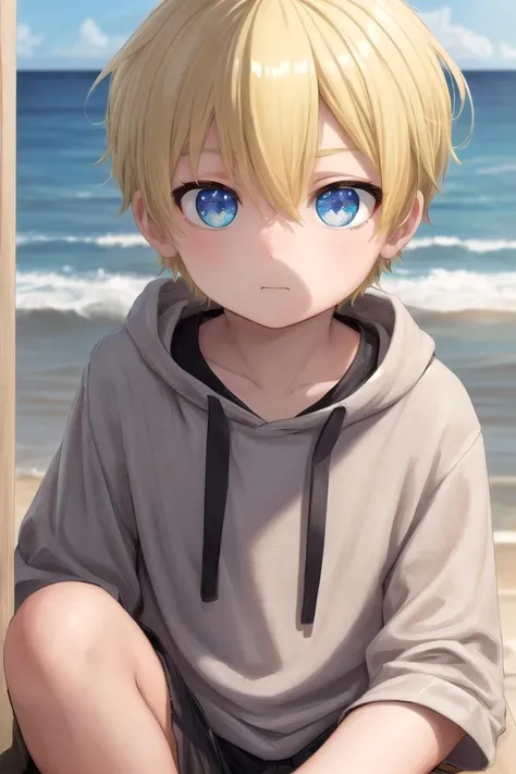 (1boy:1.4),
multicolored background, looking at viewer, hair between eyes, highlight in eyes, (very short hair),
crew cut, (blonde hair:2), (fully clothed :1.4), colorful eyes, ((masterpiece,4:1)),  full shot,
multiple details, sky, sea, beach,  whole body, short hair, handsome, (bulge:0.4), 
beautiful eyes (vocaloid), delicate features, high light in eyes, (narrow chin:1.5), triangle chin,  (introvert:1.6)
petite, young, juvenile, short hair, detailed beautiful  boy, adorable boy, sparkling eyes, (sunset beach), muscular:0.6