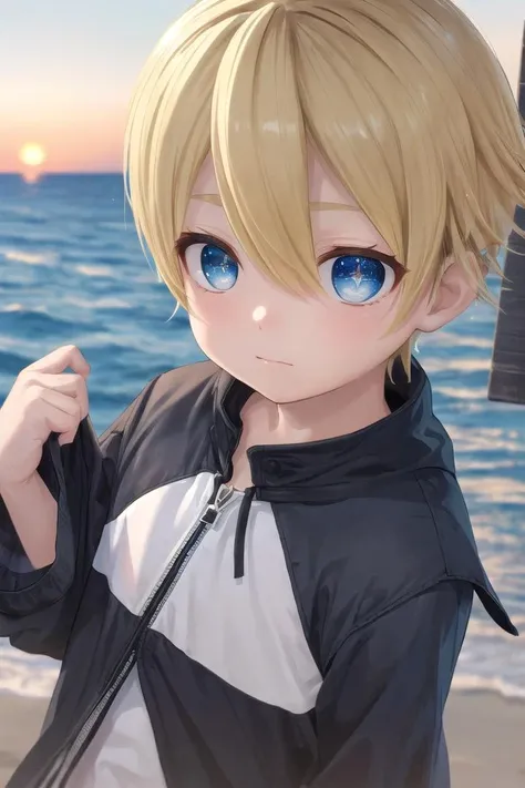 (1boy:1.4),
multicolored background, looking at viewer, hair between eyes, highlight in eyes, (very short hair),
crew cut, (blonde hair:2), (fully clothed :1.4), colorful eyes, ((masterpiece,4:1)), 
multiple details, sky, sea, beach,  whole body, short hair, handsome, (bulge:0.4), 
beautiful eyes (vocaloid), delicate features, high light in eyes, (narrow chin:1.5), triangle chin,  (introvert:1.6)
petite, young, juvenile, short hair, detailed beautiful  boy, adorable boy, sparkling eyes, (sunset beach), muscular:0.6