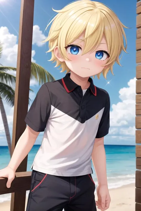 (1boy:1.4), (very short hair), crew cut, (solo:1.4), sfw, (bulge:0.4), male character, ((masterpiece)),
multicolored background, hair between eyes, highlight in eyes, (blonde hair:1.4), full shot,
(polo shirt :1.4), short pants, colorful eyes, male character
multiple details, sky, sea, beach , outside, short hair, handsome, beautiful eyes (vocaloid), delicate features, high light in eyes, (narrow chin:1.5), triangle chin, (introvert:1.6)
petite, young, juvenile, short hair, male face, detailed beautiful little boy, adorable boy, sparkling eyes,
faint sneer, energetic eyes