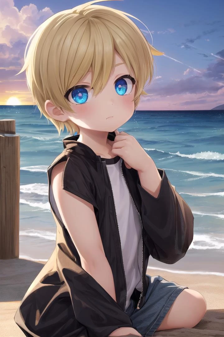 (1boy:1.4),
multicolored background, looking at viewer, hair between eyes, highlight in eyes, (very short hair),
crew cut, (blonde hair:2), (fully clothed :1.4), colorful eyes, ((masterpiece,4:1)), full shot,
multiple details, sky, sea, beach, whole body, short hair, handsome, (bulge:0.4),
beautiful eyes (vocaloid), delicate features, high light in eyes, (narrow chin:1.5), triangle chin, (introvert:1.6)
petite, young, juvenile, short hair, detailed beautiful little boy, adorable boy, sparkling eyes, (sunset beach), muscular:0.6