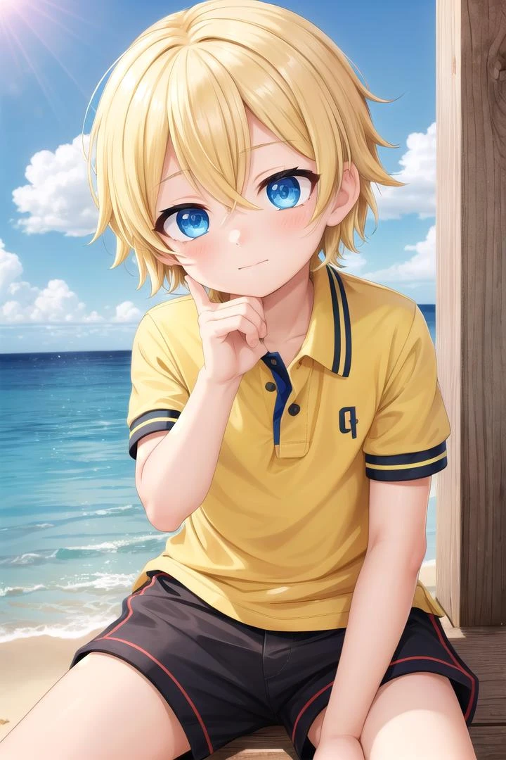 (1boy:1.4), (very short hair), crew cut, (solo:1.4), sfw, (bulge:0.4), male character, ((masterpiece)),
multicolored background, hair between eyes, highlight in eyes, (blonde hair:1.4)
(polo shirt :1.4), short pants, colorful eyes, male character
multiple details, sky, sea, beach , outside, short hair, handsome, beautiful eyes (vocaloid), delicate features, high light in eyes, (narrow chin:1.5), triangle chin, (introvert:1.6)
petite, young, juvenile, short hair, male face, detailed beautiful little boy, adorable boy, sparkling eyes,
sitting, faint smile, energetic eyes