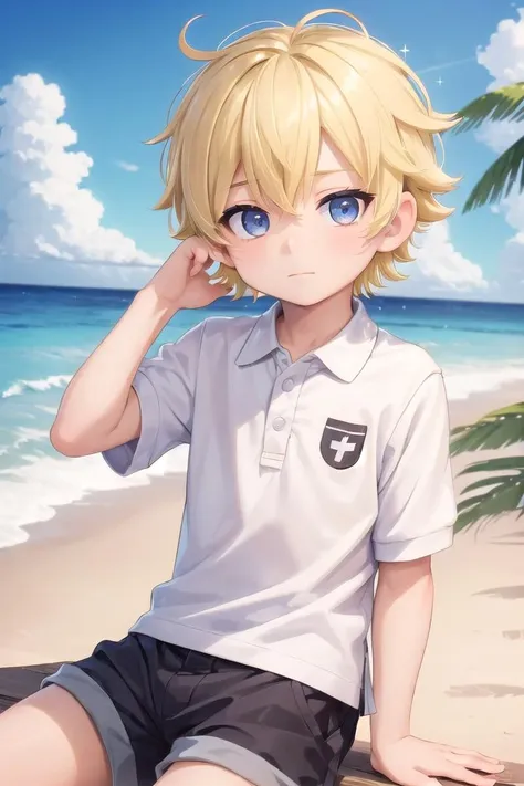 (1boy:1.4), (very short hair), crew cut, (solo:1.4), sfw, (bulge:0.4), male character, ((masterpiece)),
multicolored background, hair between eyes, highlight in eyes, (blonde hair:1.4)
(polo shirt :1.4), short pants, colorful eyes,  male character
multiple details, sky, sea, beach , outside, short hair, handsome,  beautiful eyes (vocaloid), delicate features, high light in eyes, (narrow chin:1.5), triangle chin, (introvert:1.6)
petite, young, juvenile, short hair, male face, detailed beautiful  boy, adorable boy, sparkling eyes,
sitting, faint smile, energetic eyes