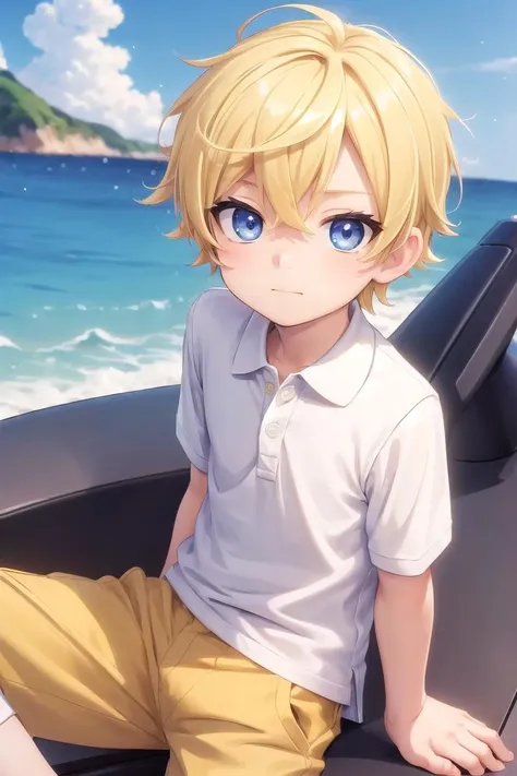 (1boy:1.4), (very short hair), crew cut, (solo:1.4), sfw, (bulge:0.4), male character, ((masterpiece)),
multicolored background, hair between eyes, highlight in eyes, (blonde hair:1.4)
(polo shirt :1.4), short pants, colorful eyes,  male character
multiple details, sky, sea, beach , outside, short hair, handsome,  beautiful eyes (vocaloid), delicate features, high light in eyes, (narrow chin:1.5), triangle chin, (introvert:1.6)
petite, young, juvenile, short hair, male face, detailed beautiful  boy, adorable boy, sparkling eyes,
sitting, faint smile, energetic eyes