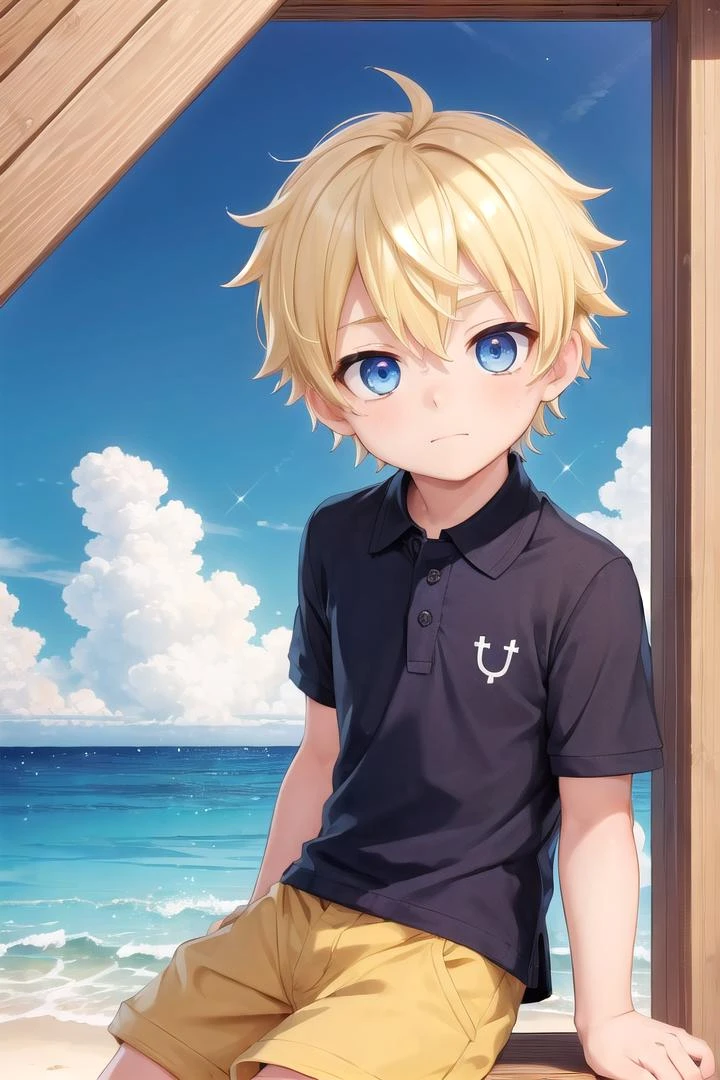 (1boy:1.4), (very short hair), crew cut, (solo:1.4), sfw, (bulge:0.4), male character, ((masterpiece)),
multicolored background, hair between eyes, highlight in eyes, (blonde hair:1.4)
(polo shirt :1.4), short pants, colorful eyes,  male character
multiple details, sky, sea, beach , outside, short hair, handsome,  beautiful eyes (vocaloid), delicate features, high light in eyes, (narrow chin:1.5), triangle chin, (introvert:1.6)
petite, young, juvenile, short hair, male face, detailed beautiful little boy, adorable boy, sparkling eyes,
sitting, faint smile, energetic eyes