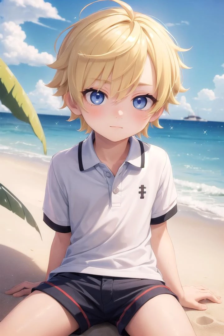 (1boy:1.4), (very short hair), crew cut, (solo:1.4), sfw, (bulge:0.4), male character, ((masterpiece)),
multicolored background, hair between eyes, highlight in eyes, (blonde hair:1.4)
(polo shirt :1.4), short pants, colorful eyes, male character
multiple details, sky, sea, beach , outside, short hair, handsome, beautiful eyes (vocaloid), delicate features, high light in eyes, (narrow chin:1.5), triangle chin, (introvert:1.6)
petite, young, juvenile, short hair, male face, detailed beautiful little boy, adorable boy, sparkling eyes,
sitting, faint smile, energetic eyes