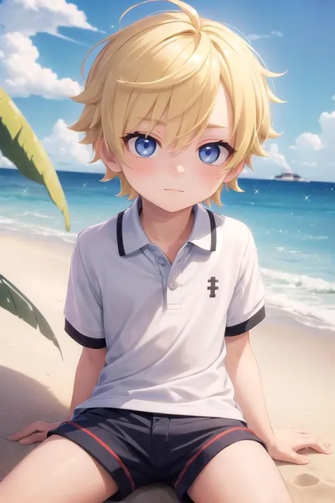 (1boy:1.4), (very short hair), crew cut, (solo:1.4), sfw, (bulge:0.4), male character, ((masterpiece)),
multicolored background, hair between eyes, highlight in eyes, (blonde hair:1.4)
(polo shirt :1.4), short pants, colorful eyes,  male character
multiple details, sky, sea, beach , outside, short hair, handsome,  beautiful eyes (vocaloid), delicate features, high light in eyes, (narrow chin:1.5), triangle chin, (introvert:1.6)
petite, young, juvenile, short hair, male face, detailed beautiful **********, adorable boy, sparkling eyes,
sitting, faint smile, energetic eyes