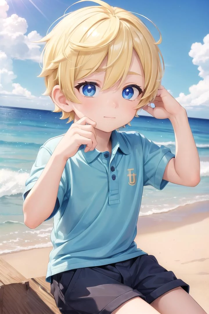 (1boy:1.4), (very short hair), crew cut, (solo:1.4), sfw, (bulge:0.4), male character, ((masterpiece)),
multicolored background, hair between eyes, highlight in eyes, (blonde hair:1.4)
(polo shirt :1.4), short pants, colorful eyes, male character
multiple details, sky, sea, beach , outside, short hair, handsome, beautiful eyes (vocaloid), delicate features, high light in eyes, (narrow chin:1.5), triangle chin, (introvert:1.6)
petite, young, juvenile, short hair, male face, detailed beautiful little boy, adorable boy, sparkling eyes,
sitting, faint smile, energetic eyes