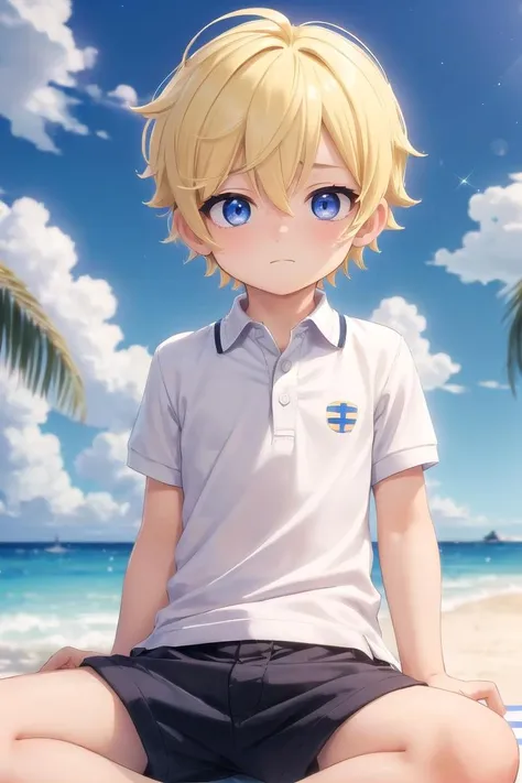 (1boy:1.4), (very short hair), crew cut, (solo:1.4), sfw, (bulge:0.4), male character, ((masterpiece)),
multicolored background, hair between eyes, highlight in eyes, (blonde hair:1.4)
(polo shirt :1.4), short pants, colorful eyes,  male character
multiple details, sky, sea, beach , outside, short hair, handsome,  beautiful eyes (vocaloid), delicate features, high light in eyes, (narrow chin:1.5), triangle chin, (introvert:1.6)
petite, young, juvenile, short hair, male face, detailed beautiful **********, adorable boy, sparkling eyes,
sitting, faint smile, energetic eyes