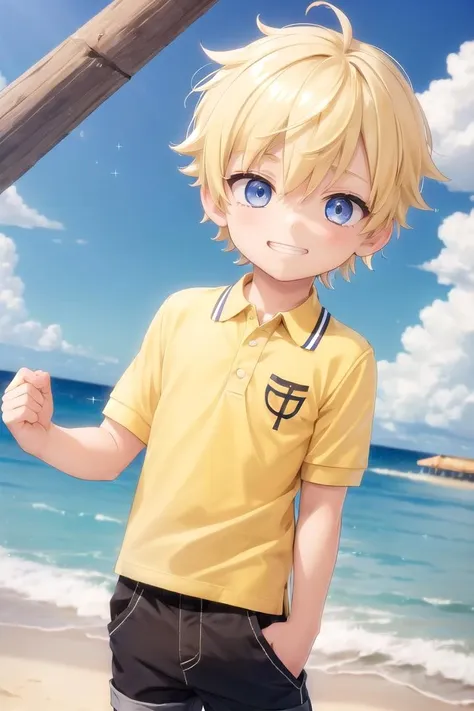 (1boy:1.4), (very short hair), crew cut, (solo:1.4), sfw, (bulge:0.4), male character, ((masterpiece)),
multicolored background, hair between eyes, highlight in eyes, (blonde hair:1.4)
(polo shirt :1.4), short pants, colorful eyes,  male character
multiple details, sky, sea, beach , outside, short hair, handsome,  beautiful eyes (vocaloid), delicate features, high light in eyes, (narrow chin:1.5), triangle chin, (introvert:1.6)
petite, young, juvenile, short hair, male face, detailed beautiful  boy, adorable boy, sparkling eyes,
evil grin,  energetic eyes