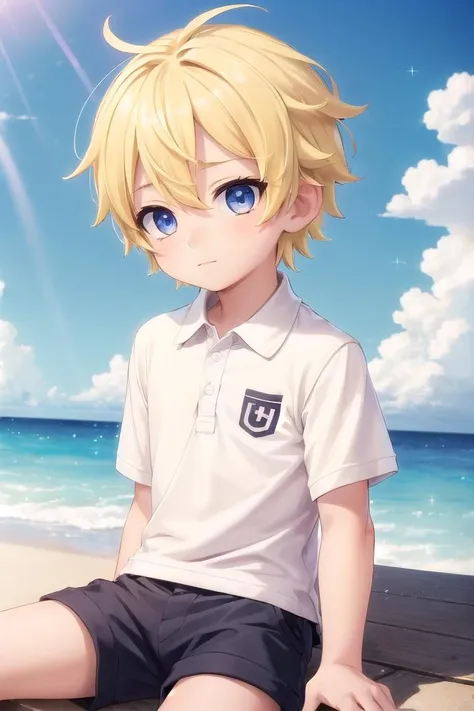 (1boy:1.4), (very short hair), crew cut, (solo:1.4), sfw, (bulge:0.4), male character, ((masterpiece)),
multicolored background, hair between eyes, highlight in eyes, (blonde hair:1.4)
(polo shirt :1.4), short pants, colorful eyes,  male character
multiple details, sky, sea, beach , outside, short hair, handsome,  beautiful eyes (vocaloid), delicate features, high light in eyes, (narrow chin:1.5), triangle chin, (introvert:1.6)
petite, young, juvenile, short hair, male face, detailed beautiful **********, adorable boy, sparkling eyes,
sitting, faint smile, energetic eyes