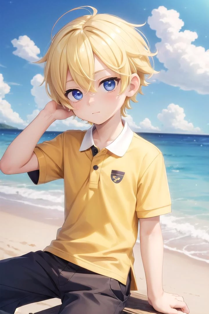 (1boy:1.4), (very short hair), crew cut, (solo:1.4), sfw, (bulge:0.4), male character, ((masterpiece)),
multicolored background, hair between eyes, highlight in eyes, (blonde hair:1.4)
(polo shirt :1.4), short pants, colorful eyes,  male character
multiple details, sky, sea, beach , outside, short hair, handsome,  beautiful eyes (vocaloid), delicate features, high light in eyes, (narrow chin:1.5), triangle chin, (introvert:1.6)
petite, young, juvenile, short hair, male face, detailed beautiful little boy, adorable boy, sparkling eyes,
sitting, faint smile, energetic eyes