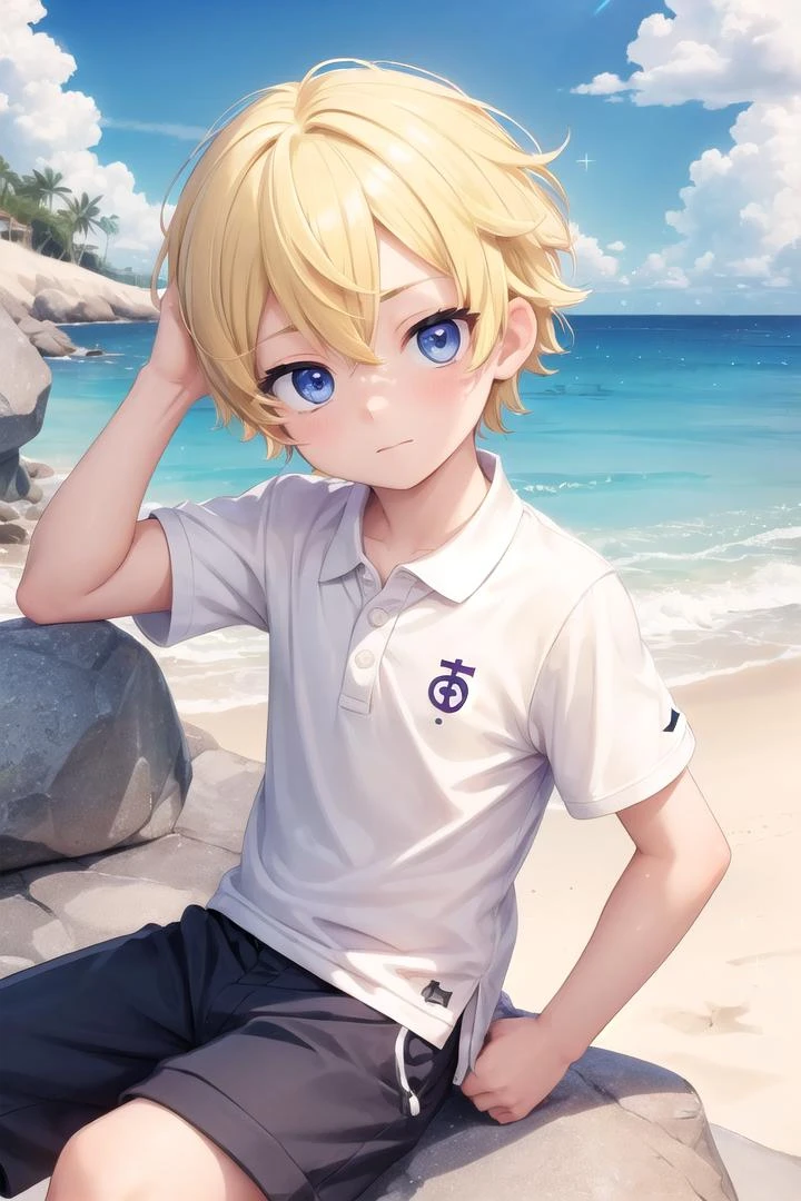 (1boy:1.4), (very short hair), crew cut, (solo:1.4), sfw, (bulge:0.4), male character, ((masterpiece)),
multicolored background, hair between eyes, highlight in eyes, (blonde hair:1.4)
(polo shirt :1.4), short pants, colorful eyes, male character
multiple details, sky, sea, beach , outside, short hair, handsome, beautiful eyes (vocaloid), delicate features, high light in eyes, (narrow chin:1.5), triangle chin, (introvert:1.6)
petite, young, juvenile, short hair, male face, detailed beautiful little boy, adorable boy, sparkling eyes,
sitting, faint smile, energetic eyes