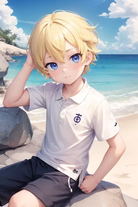 (1boy:1.4), (very short hair), crew cut, (solo:1.4), sfw, (bulge:0.4), male character, ((masterpiece)),
multicolored background, hair between eyes, highlight in eyes, (blonde hair:1.4)
(polo shirt :1.4), short pants, colorful eyes,  male character
multiple details, sky, sea, beach , outside, short hair, handsome,  beautiful eyes (vocaloid), delicate features, high light in eyes, (narrow chin:1.5), triangle chin, (introvert:1.6)
petite, young, juvenile, short hair, male face, detailed beautiful  boy, adorable boy, sparkling eyes,
sitting, faint smile, energetic eyes