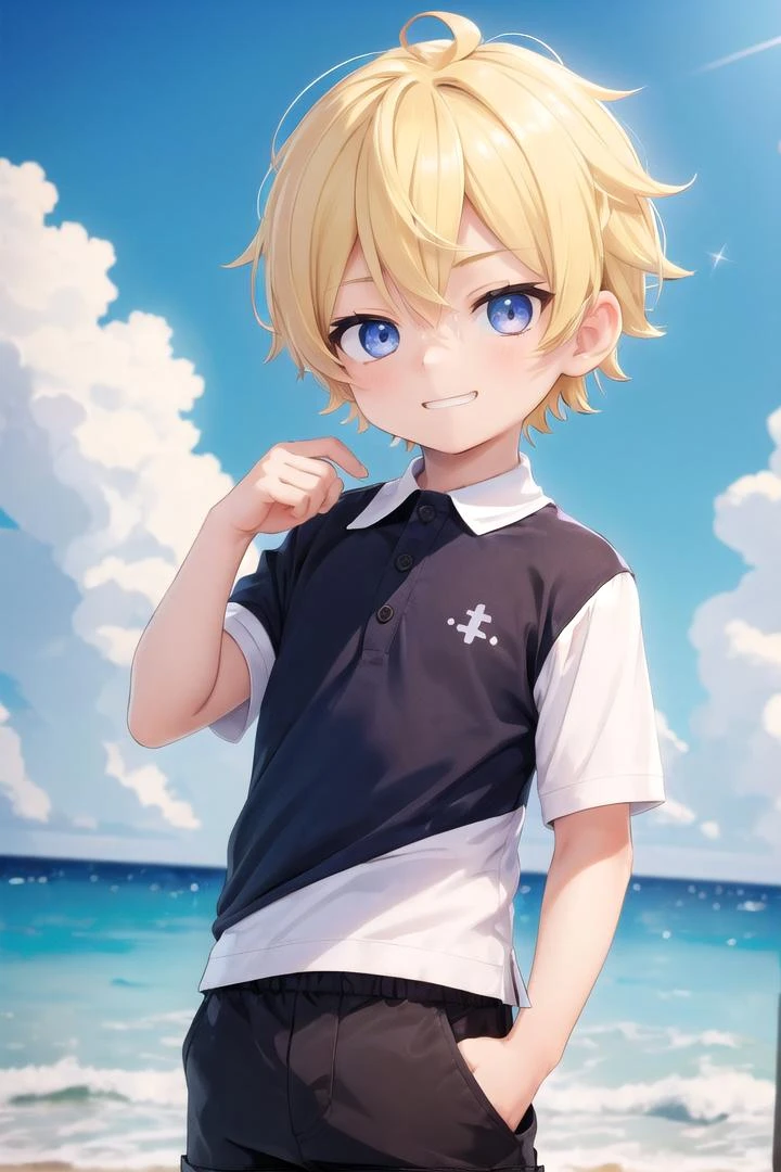(1boy:1.4), (very short hair), crew cut, (solo:1.4), sfw, (bulge:0.4), male character, ((masterpiece)),
multicolored background, hair between eyes, highlight in eyes, (blonde hair:1.4)
(polo shirt :1.4), short pants, colorful eyes,  male character
multiple details, sky, sea, beach , outside, short hair, handsome,  beautiful eyes (vocaloid), delicate features, high light in eyes, (narrow chin:1.5), triangle chin, (introvert:1.6)
petite, young, juvenile, short hair, male face, detailed beautiful little boy, adorable boy, sparkling eyes,
evil grin,  energetic evil eyes