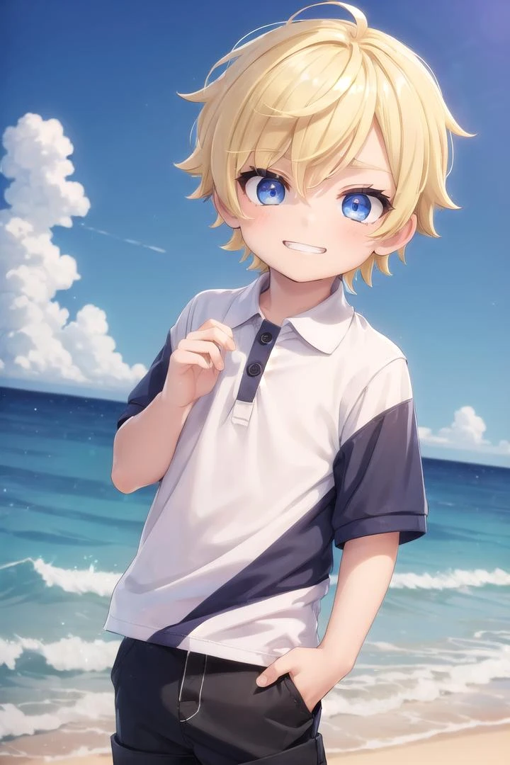 (1boy:1.4), (very short hair), crew cut, (solo:1.4), sfw, (bulge:0.4), male character, ((masterpiece)),
multicolored background, hair between eyes, highlight in eyes, (blonde hair:1.4)
(polo shirt :1.4), short pants, colorful eyes, male character
multiple details, sky, sea, beach , outside, short hair, handsome, beautiful eyes (vocaloid), delicate features, high light in eyes, (narrow chin:1.5), triangle chin, (introvert:1.6)
petite, young, juvenile, short hair, male face, detailed beautiful little boy, adorable boy, sparkling eyes,
evil grin, energetic evil eyes