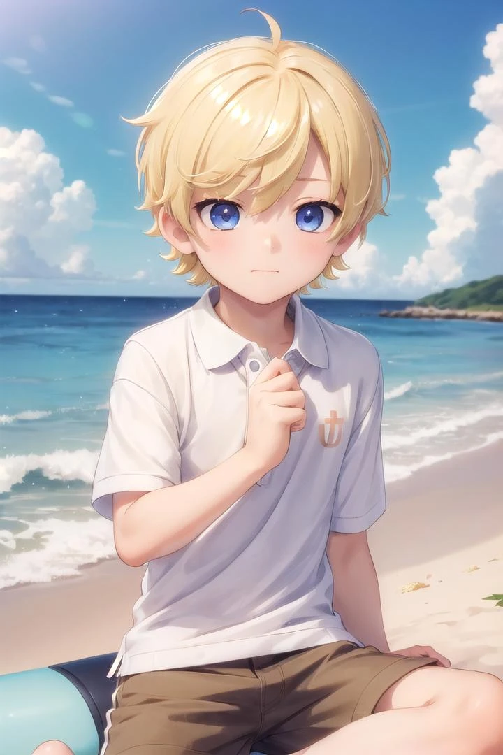 (1boy:1.4), (very short hair), crew cut, (solo:1.4), sfw, (bulge:0.4), male character, ((masterpiece)),
multicolored background, hair between eyes, highlight in eyes, (blonde hair:1.4)
(polo shirt :1.4), short pants, colorful eyes, male character
multiple details, sky, sea, beach , outside, short hair, handsome, beautiful eyes (vocaloid), delicate features, high light in eyes, (narrow chin:1.5), triangle chin, (introvert:1.6)
petite, young, juvenile, short hair, male face, detailed beautiful little boy, adorable boy, sparkling eyes,
sitting, faint smile, energetic eyes