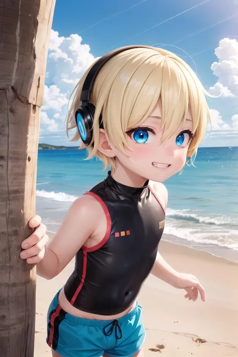 (1boy:1.4), (very short hair), crew cut, (solo:1.4), sfw, (bulge:0.4), male character, ((masterpiece)),
multicolored background, hair between eyes, highlight in eyes, (blonde hair:1.4)
(blue rashguard :1.1), (hot pants:1.2) , colorful eyes, male character, male focus,
multiple details, sky, sea, beach , outside, short hair, handsome, beautiful eyes (vocaloid), delicate features, high light in eyes, (narrow chin:1.5), triangle chin, (introvert:1.6)
petite, young, juvenile, short hair, male face, detailed beautiful boy, adorable boy, sparkling eyes,
evil grin, energetic eyes
