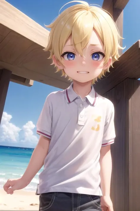 (1boy:1.4), (very short hair), crew cut, (solo:1.4), sfw, (bulge:0.4), male character, ((masterpiece)),
multicolored background, hair between eyes, highlight in eyes, (blonde hair:1.4)
(polo shirt :1.4), short pants, colorful eyes,  male character,( blush:1.2),
multiple details, sky, sea, beach , outside, short hair, handsome,  beautiful eyes (vocaloid), delicate features, high light in eyes, (narrow chin:1.5), triangle chin, (introvert:1.6)
petite, young, juvenile, short hair, male face, detailed beautiful  boy, adorable boy, sparkling eyes,
evil grin,  energetic eyes