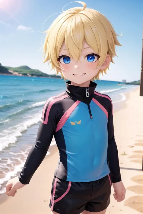 (1boy:1.4), (very short hair), crew cut, (solo:1.4), sfw, (bulge:0.4), male character, ((masterpiece)),
multicolored background, hair between eyes, highlight in eyes, (blonde hair:1.4)
(blue rashguard :1.1), (hot pants:1.2) , colorful eyes,  male character, male focus,
multiple details, sky, sea, beach , outside, short hair, handsome,  beautiful eyes (vocaloid), delicate features, high light in eyes, (narrow chin:1.5), triangle chin, (introvert:1.6)
petite, young, juvenile, short hair, male face, detailed beautiful **********, adorable boy, sparkling eyes,
evil grin,  energetic eyes