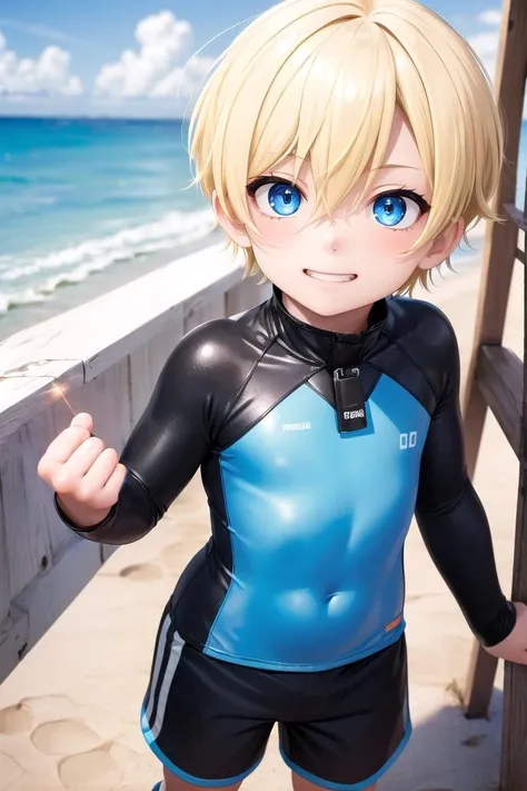 (1boy:1.4), (very short hair), crew cut, (solo:1.4), sfw, (bulge:0.4), male character, ((masterpiece)),
multicolored background, hair between eyes, highlight in eyes, (blonde hair:1.4)
(blue rashguard :1.1), (hot pants:1.2) , colorful eyes, male character, male focus,
multiple details, sky, sea, beach , outside, short hair, handsome, beautiful eyes (vocaloid), delicate features, high light in eyes, (narrow chin:1.5), triangle chin, (introvert:1.6)
petite, young, juvenile, short hair, male face, detailed beautiful boy, adorable boy, sparkling eyes,
evil grin, energetic eyes