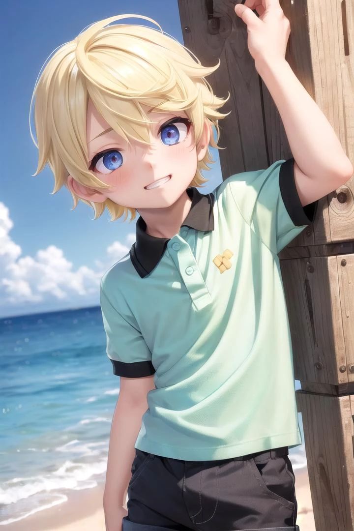 (1boy:1.4), (very short hair), crew cut, (solo:1.4), sfw, (bulge:0.4), male character, ((masterpiece)),
multicolored background, hair between eyes, highlight in eyes, (blonde hair:1.4)
(polo shirt :1.4), short pants, colorful eyes, male character,( blush:1.2),
multiple details, sky, sea, beach , outside, short hair, handsome, beautiful eyes (vocaloid), delicate features, high light in eyes, (narrow chin:1.5), triangle chin, (introvert:1.6)
petite, young, juvenile, short hair, male face, detailed beautiful little boy, adorable boy, sparkling eyes,
evil grin, energetic eyes