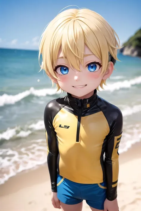 (1boy:1.4), (very short hair), crew cut, (solo:1.4), sfw, (bulge:0.4), male character, ((masterpiece)),
multicolored background, hair between eyes, highlight in eyes, (blonde hair:1.4)
(blue rashguard :1.1), (hot pants:1.2) , colorful eyes,  male character, male focus,
multiple details, sky, sea, beach , outside, short hair, handsome,  beautiful eyes (vocaloid), delicate features, high light in eyes, (narrow chin:1.5), triangle chin, (introvert:1.6)
petite, young, juvenile, short hair, male face, detailed beautiful **********, adorable boy, sparkling eyes,
evil grin,  energetic eyes